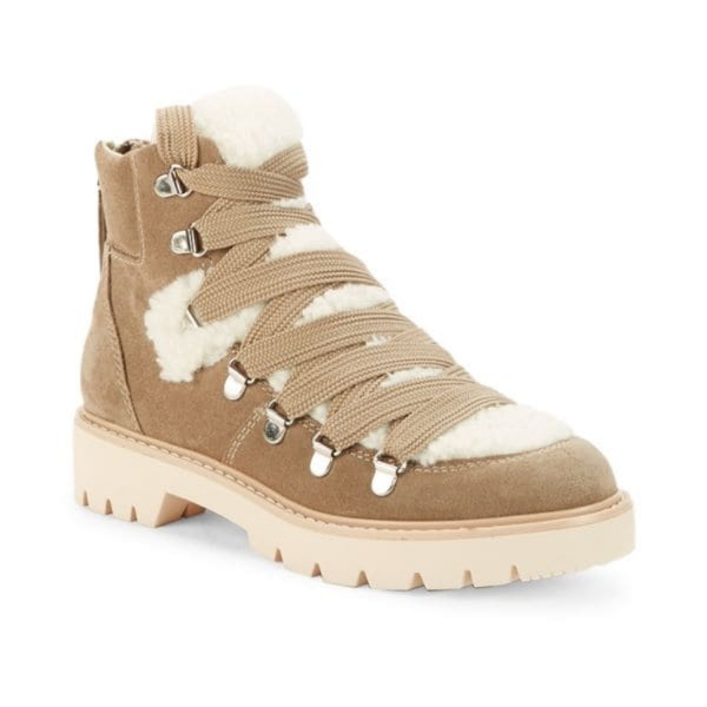 DOLCE VITA Pace Faux Shearling-Trim Suede Ankle Boots. Color Beige. Size 10.